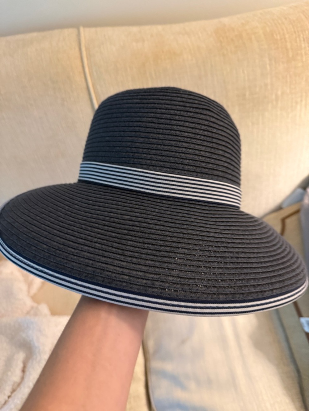 Lands' End Navy Wide-Brim Sun Hat with Striped Band